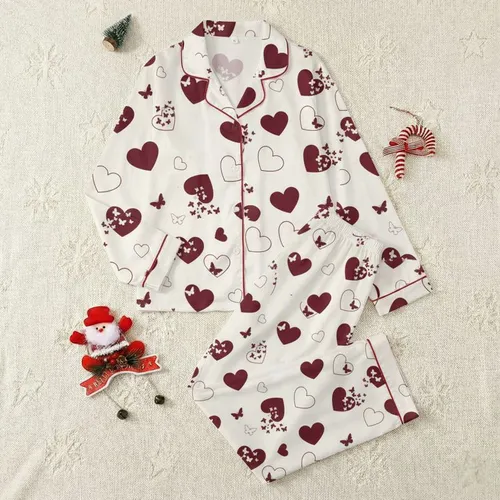 Women's Creamy Off-White Elegant Deep Burgundy & White Outline Hearts & Swirling Butterflies Illustrative Pattern Satin Pajamas Set
