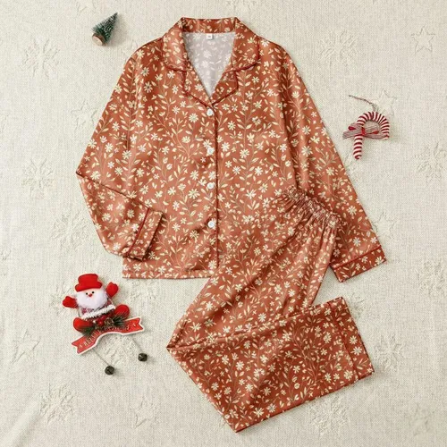 Women's Rustic Terra Cotta Orange Vintage Hand-Drawn Off-White Wildflower Pattern Satin Pajamas Set