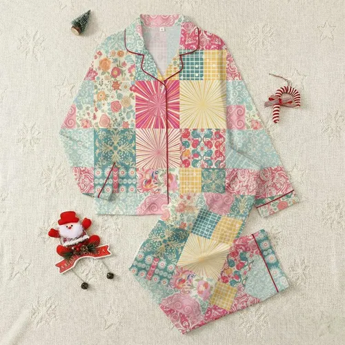 Women's Eclectic Patchwork Retro Textile Floral Damask Geometric Medallion Bright Pastels Satin Pajamas Set