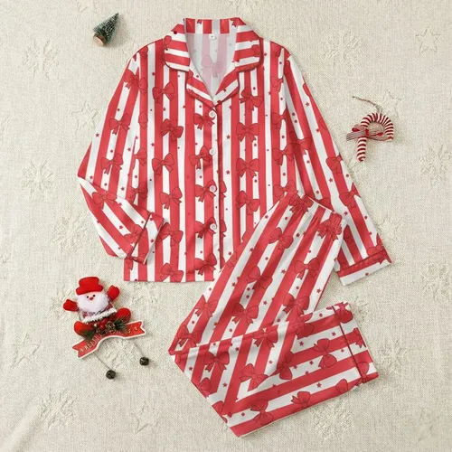 Women's Vibrant Red White Stripe Sweet Playful Bow Polka Dot Star Pattern Satin Pajamas Set