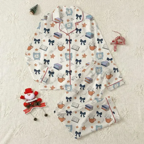 Women's Whimsical Navy & Terracotta Storybook Pattern with Clocks, Books & Bows Satin Pajamas Set