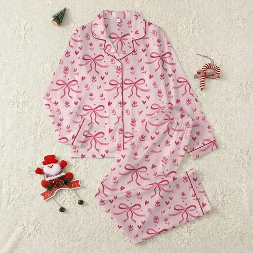 Women's Delicate Blush Pink Ribbon Heart & Floral Watercolor Pattern Satin Pajamas Set