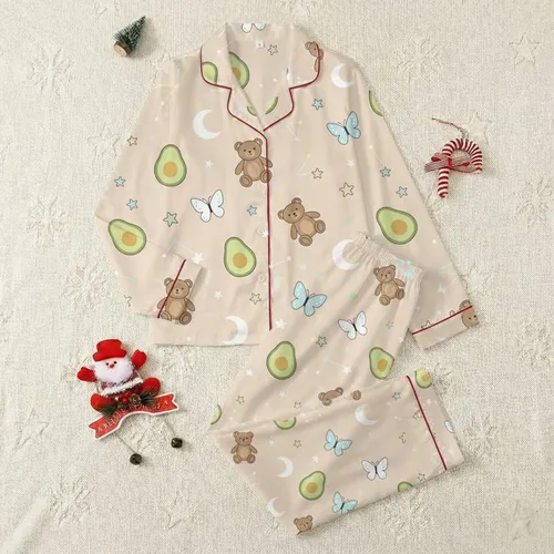 Women's Whimsical Flat Vector Beige Pattern with Brown Bears, Green Avocados, Blue Butterflies & Celestial Stars Moons Satin Pajamas Set