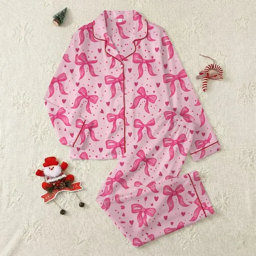 Women's Soft Pastel Pink Painterly Fuchsia Bow Muted Deep Pink Heart Seamless Pattern Satin Pajamas Set