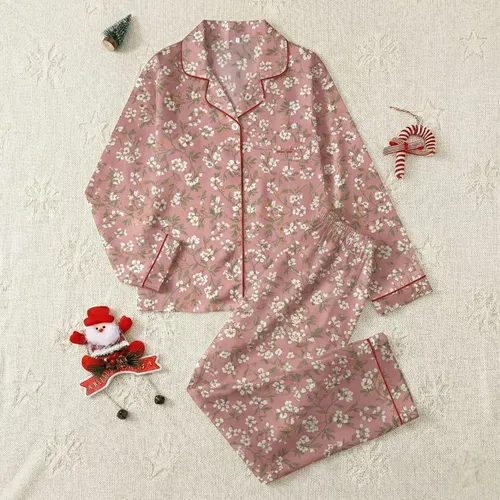 Women's Hand-Drawn Muted Rose Pink Botanical Floral Olive Sage Green White Orange Berry Pattern Satin Pajamas Set