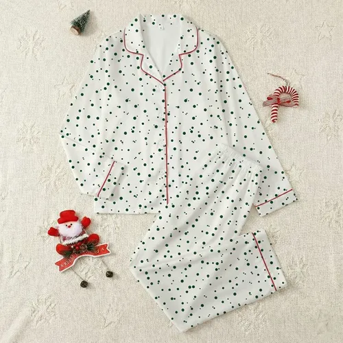 Adults' Soft Off-White Dark Forest Green Irregular Polka Dot Geometric Pattern Satin Pajamas Set