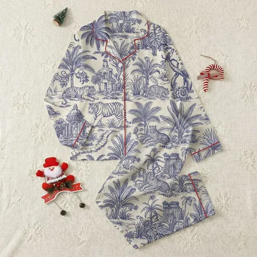 Women's Cream Deep Indigo Toile de Jouy Lush Jungle Landscape Tigers Leopards Botanical Temples Satin Pajamas Set
