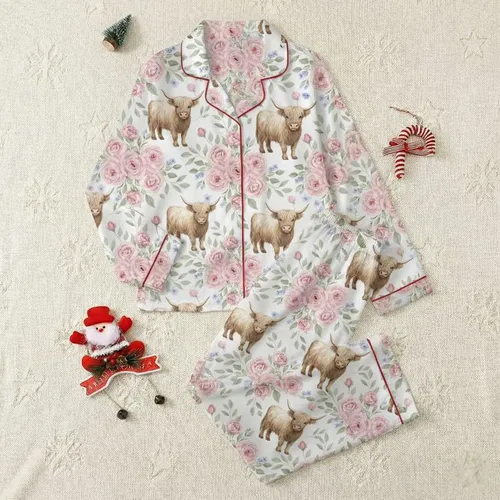 Women's Whimsical Watercolor Highland Cow & Pink Rose Floral Pattern Satin Pajamas Set