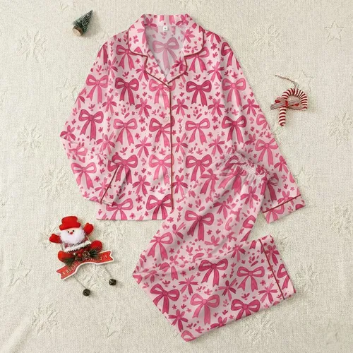 Women's Whimsical Hand-Drawn Fuchsia Rose Magenta Bow Floral Densely Packed Pattern Satin Pajamas Set