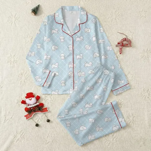 Women's Playful White Cartoon Dogs on Baby Blue Plaid Grid Pattern Satin Pajamas Set
