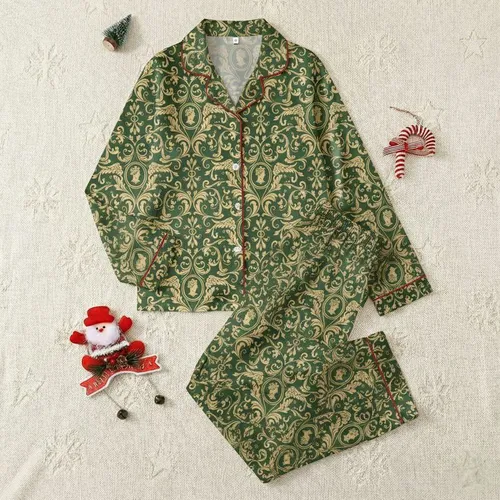 Women's Deep Forest Green Ornate Botanical Acanthus Leaf Scroll Pattern, Muted Gold & Cream Classical Motifs Satin Pajamas Set
