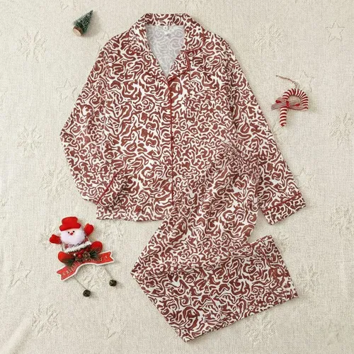 Women's Abstract Organic Flowing Deep Reddish-Brown Brushstroke Pattern Satin Pajamas Set