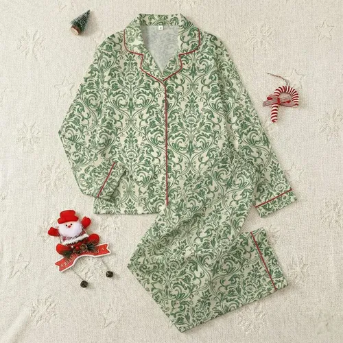 Women's Vintage Etched Deep Forest Green Beige Baroque Damask Acanthus Leaf Pattern Satin Pajamas Set