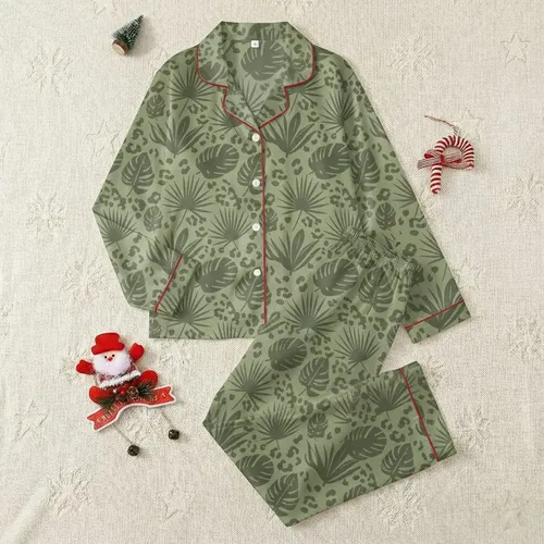 Women's Muted Olive Green Tone-on-Tone Flat Graphic Jungle Foliage Leopard Spot Pattern Satin Pajamas Set
