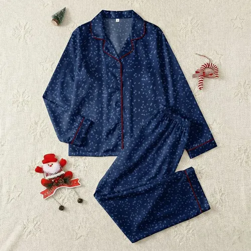 Women's Deep Navy Abstract Irregular Specks Muted Dusty Blue Tone-on-Tone Satin Pajamas Set