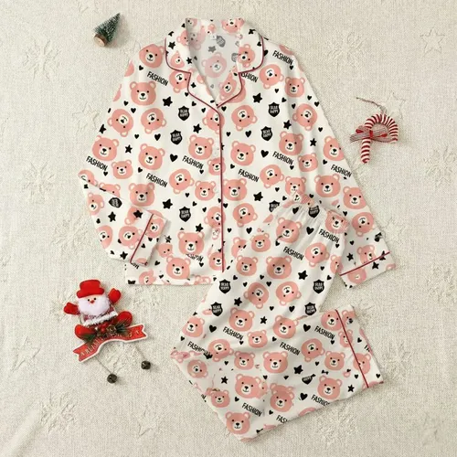 Women's Whimsical Creamy Off-White Seamless Peachy Pink Bear Faces Black Hearts Stars 'FASHION' Graphic Satin Pajamas Set