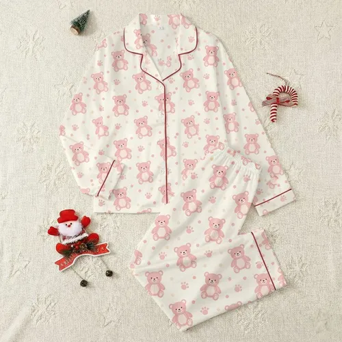 Women's Plus Size Soft Cream Pastel Pink Fluffy Teddy Bear & Paw Illustrative Seamless Pattern Satin Pajamas Set