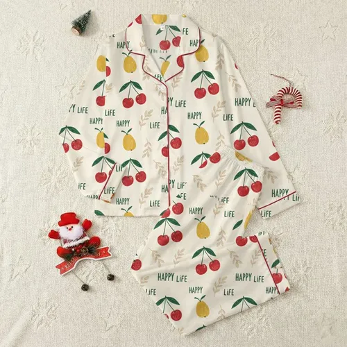 Women's Creamy Off-White Whimsical Illustrative Red Cherry Golden Pear Forest Green "HAPPY LIFE" Pattern Satin Pajamas Set