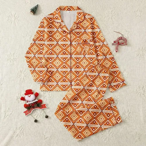 Women's Vibrant Tribal Geometric Warm Orange Cream Interlocking Diamond Zigzag Pattern Satin Pajamas Set