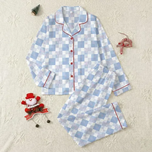 Women's Light Blue White Gingham Soft Pink Hand-Drawn Bows Hearts Whimsical Pattern Satin Pajamas Set