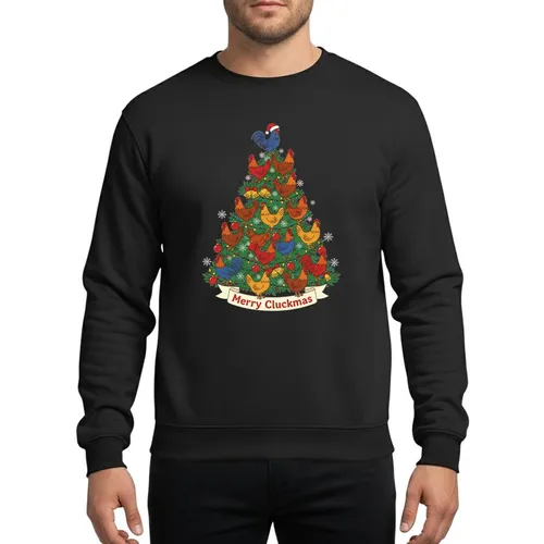Family's Whimsical Dark Green Christmas Tree with Colorful Chickens, Santa Hat Rooster & Merry Cluckmas Banner Sweatshirt