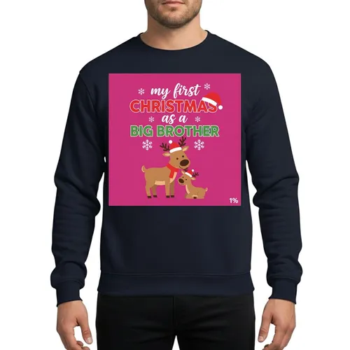Kids' Whimsical 'My First Christmas As Big Brother' Red Green Text, Cartoon Reindeers, Snowflakes Sweatshirt