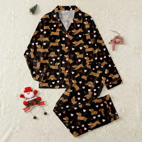 Women's Cute Illustrative Brown Dachshund Black Background Pink Red Heart Pattern Satin Pajamas Set