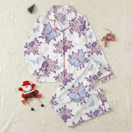 Women's Delicate Lavender Rose, Periwinkle Blue & Mauve Butterfly Illustrative Pattern Satin Pajamas Set