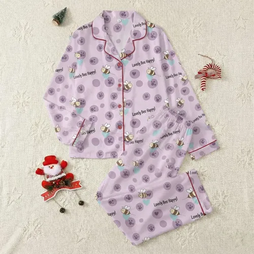 Women's Whimsical Lavender-Pink Cartoon Bee, Muted Purple Dot & "Lovely Bee Happy!" Pattern Satin Pajamas Set
