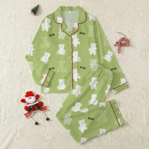 Women's Whimsical Pastel Lime Green Teddy Bear All-Over Print White Silhouettes & 'BEAR' Text Satin Pajamas Set