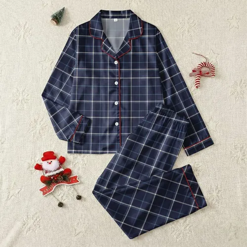 Women's Three Geometric Plaid Patterns: Navy Cadet Blue Tartan, Deep Teal Sage Grid, Dusty Rose Blush Windowpane Satin Pajamas Set