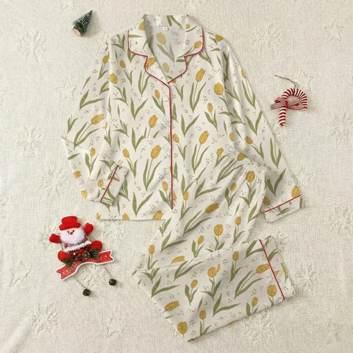 Women's Muted Mustard Goldenrod Tulip Olive Sage Botanical Hand-Drawn Floral Pattern Satin Pajamas Set