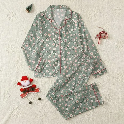 Women's Muted Sage Green Blush Pink Cream Off-White Delicate Flowering Branches Seamless Pattern Elegant Line Art Satin Pajamas Set