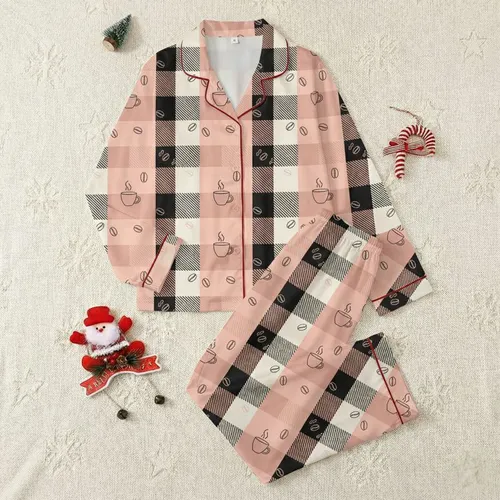 Women's Black Peachy Pink Off-White Classic Plaid Coffee Bean & Cup Outline Art Satin Pajamas Set