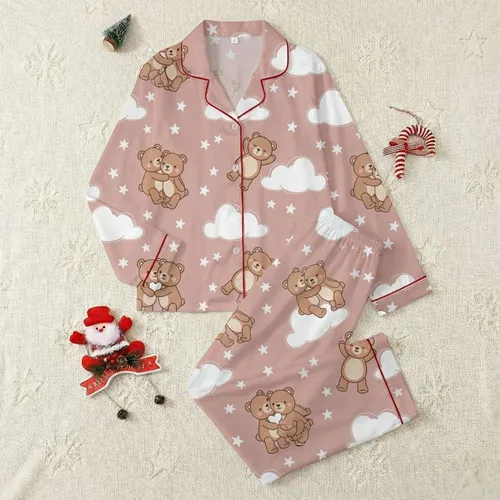 Kids' Whimsical Dusty Rose Brown Teddy Bear Cloud Star Pattern Satin Pajamas Set