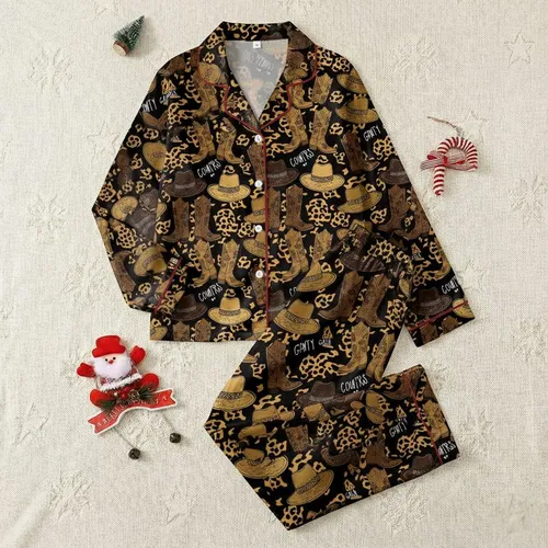 Country Gals' Rustic Western Cowgirl Boots, Hats, Gold Tan Leopard Spots, 'BOOTS ON' Text Satin Pajamas Set