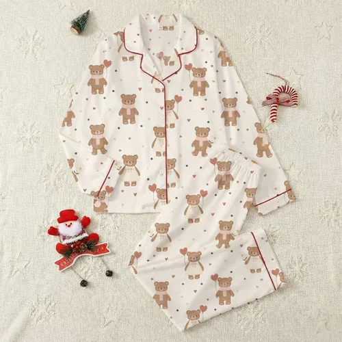 Women's Whimsical Cocoa Brown Teddy Bears, Muted Red Hearts, Pale Pink Scarves on Cream Off-White Satin Pajamas Set