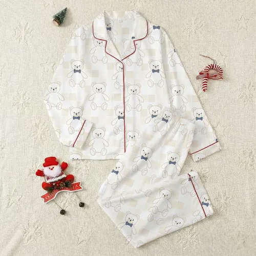Women's Seamless Whimsical Creamy White Tan Teddy Bear Pattern with Subtle Checkerboard Grid & Blue Bow Accents Satin Pajamas Set