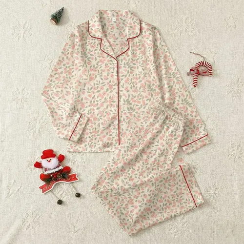 Women's Creamy Beige Botanical Print with Pastel Peach-Pink Blossoms & Sage Leaves Satin Pajamas Set