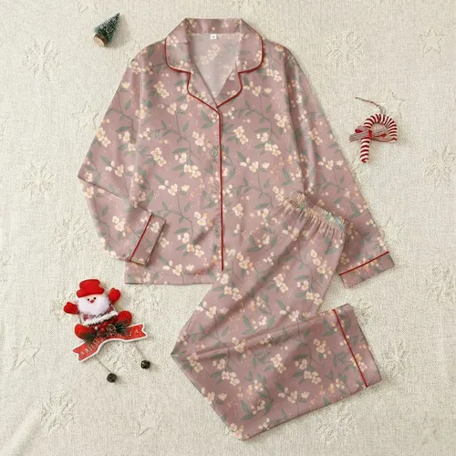 Women's Soft-Focus Dusty Rose Botanical Sage Green Leaf Cream Blossom Satin Pajamas Set
