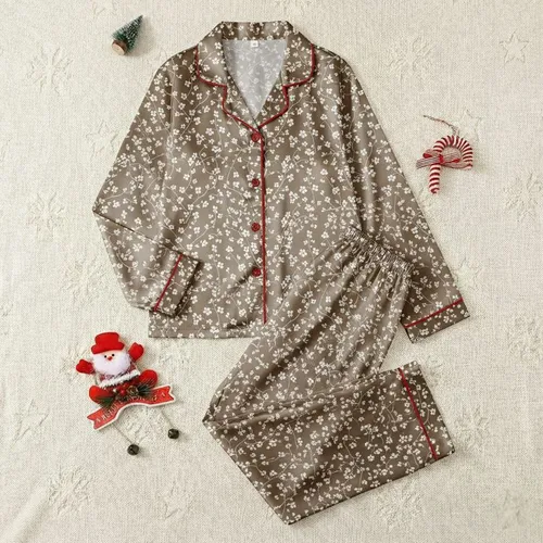 Women's Elegant Muted Taupe-Brown Organic Cherry Blossom Branches Delicate White Floral Pattern Satin Pajamas Set