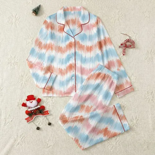 Women's Abstract Watercolor Sky Blue Pink Terracotta Drip Splatter Bands Satin Pajamas Set