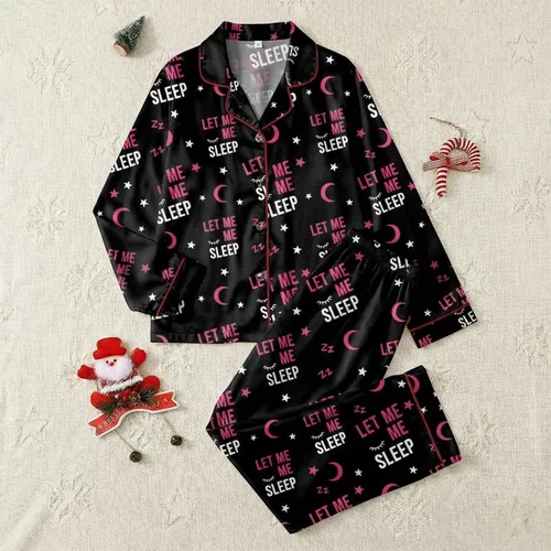 Women's Relaxed Black 'LET ME SLEEP' Magenta White Slogan Celestial Moon Star Zzz Distressed Pattern Satin Pajamas Set