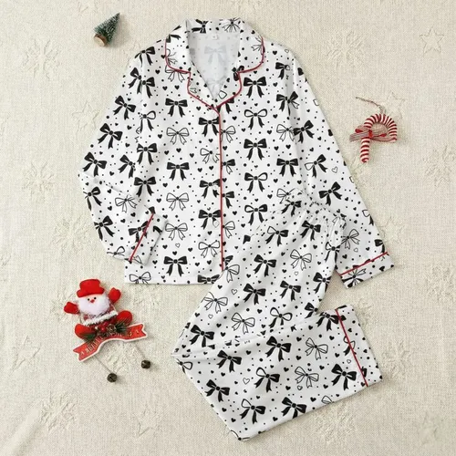 Women's Elegant Black & White Ribbon Bows Hearts Polka Dots Seamless Pattern Satin Pajamas Set