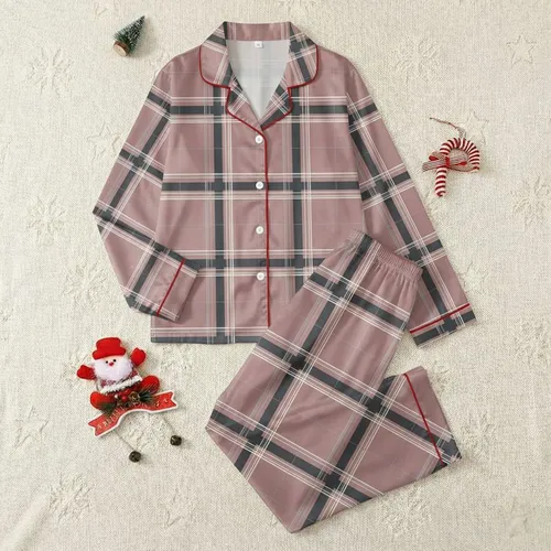 Women's Dusty Rose Charcoal Geometric Plaid Intersecting Grid with Off-White Lines Satin Pajamas Set