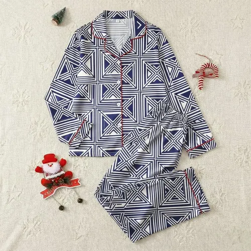 Modern Style Enthusiasts' Deep Navy White Minimalist Geometric Diagonal Stripe Grid Pattern Satin Pajamas Set