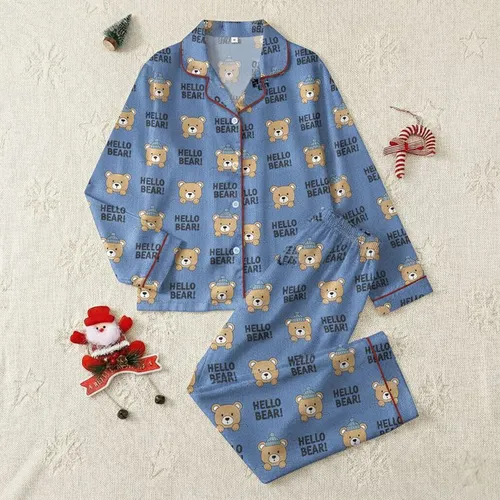 Women's Cozy Comfort Muted Sapphire Blue Cable Knit Bear Pattern, Playful Beige Peeking Bears with Beanies, Hello Bear Text Satin Pajamas Set