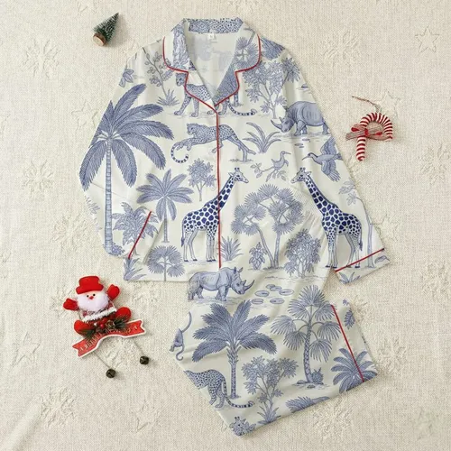 Safari Lover's Indigo Toile Safari: Lounging Leopards, Giraffes & Monkey Palm Jungle Satin Pajamas Set