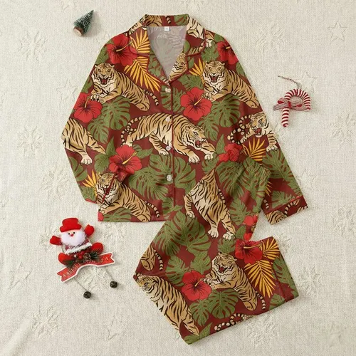 Women's Vibrant Reddish-Brown Tropical Tiger Hibiscus Golden Palm Pattern Satin Pajamas Set