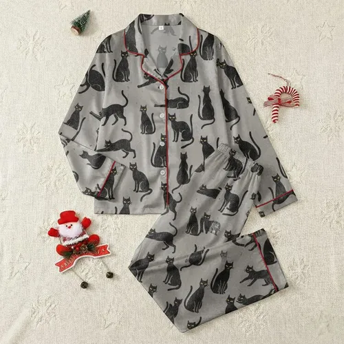 Women's Distressed Stone Grey Hand-Drawn Charcoal Cat Silhouettes Yellow Eyes Satin Pajamas Set